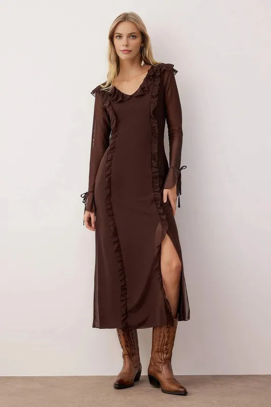 Sheer Long Sleeve Ruffle Maxi Knit Dress with Side Slit - WOVCOR