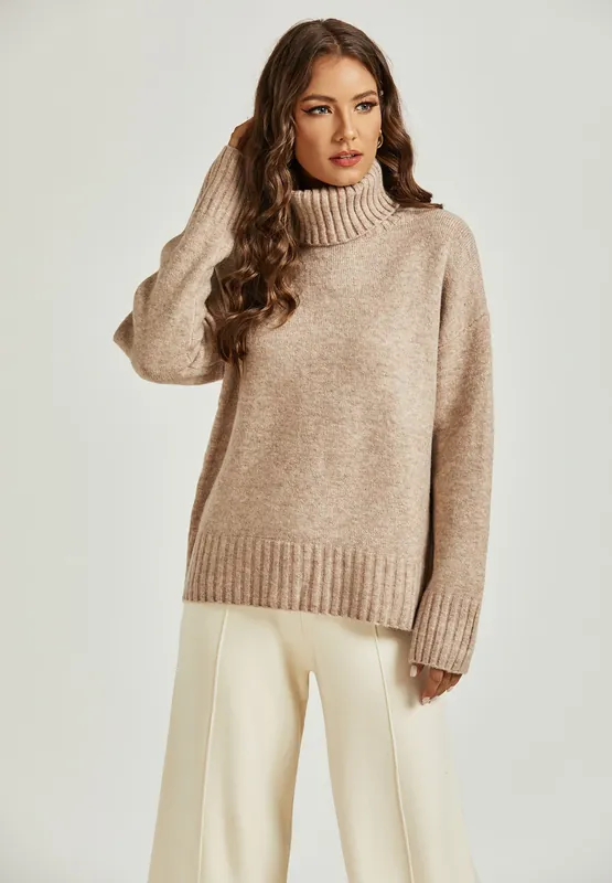 Jumper Top With High Neck In Camel - FS Collection
