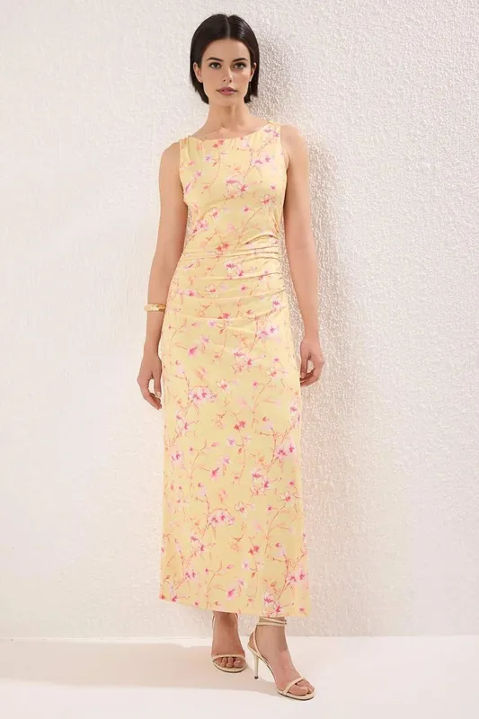 Floral Print Ruched Sleeveless Maxi Dress - WOVCOR