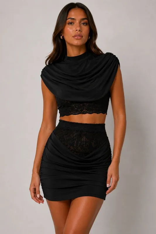 Lace Detail Draped High Neck Top and Mini Skirt Co-Ord Set