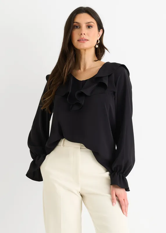 Black Wide Frill Loose Fit Blouse - Gini London