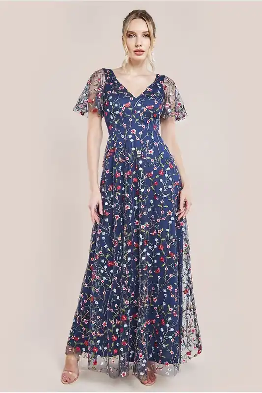 Flutter Sleeve Floral Embroidered Maxi - Goddiva