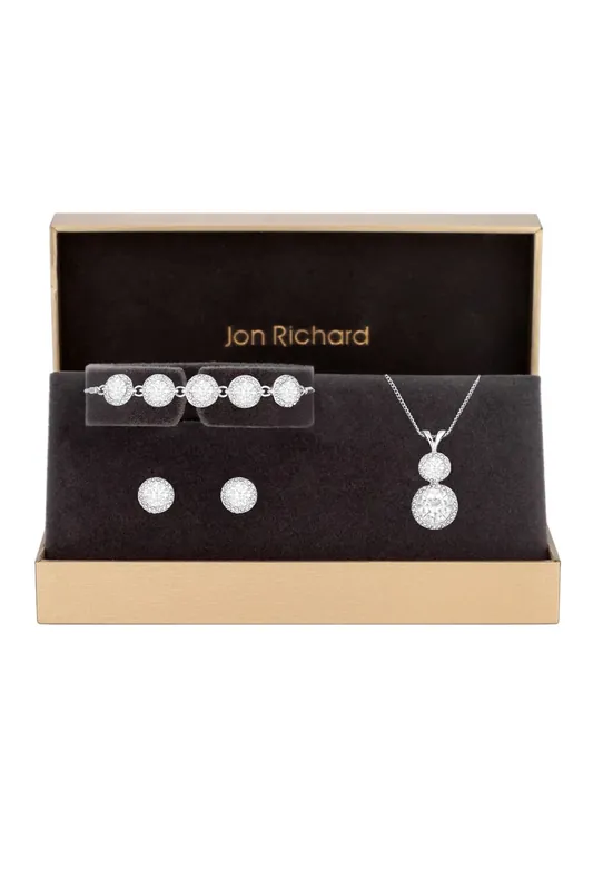Silver Plated Crystal Halo Double Solitaire Trio Set - Gift Boxed