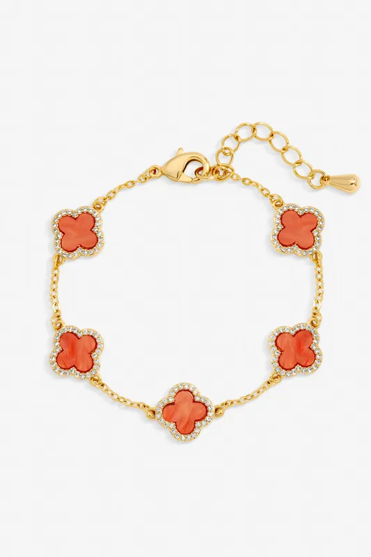 Gold Plated Coral Clover Station Bracelet - Jon Richard