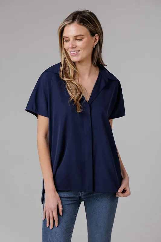 Popover Short Sleeve Collared High Low Blouse - French Connection
