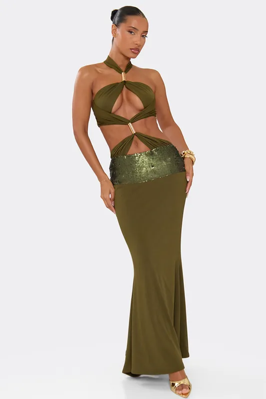 Strappy Halter Neck Cut Out Contrast Maxi Dress - EGO