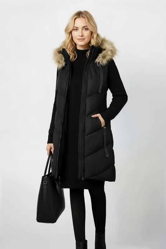 Hooded Mid-length Quilted Padded Gilet Sleeveless Coat