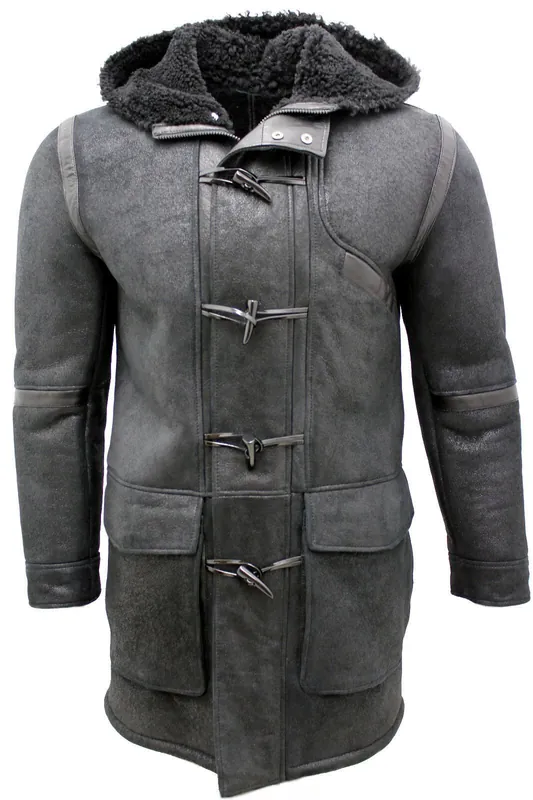 Winter Sheepskin Leather Hooded Duffle Coat-Montpellier
