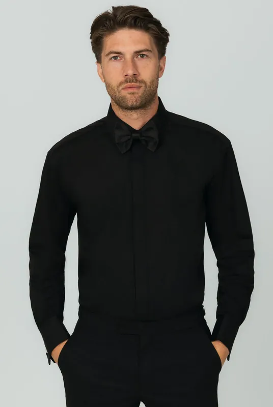 Standard Collar Plain Front Black Dress Shirt - Dobell