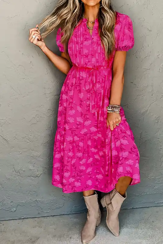 Rose Red Floral Print Pleated Drawstring Flowy Midi Dress - Everyday The Label