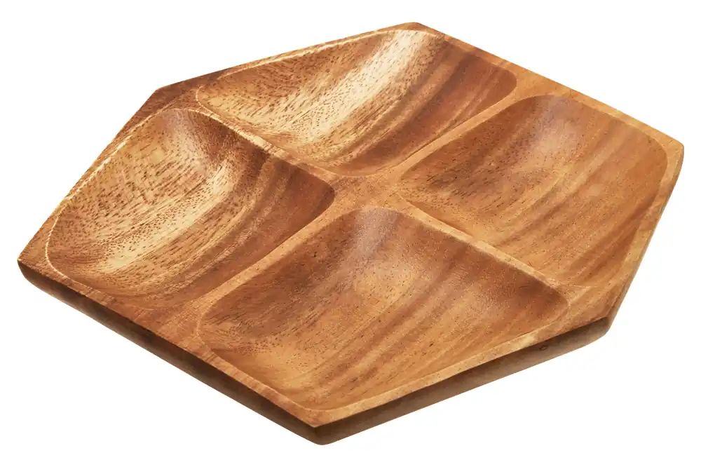 Hand Carved Small Four Section Serving Dish in Acacia Wood, Hand Carved Platter, Hexagonal Centrepiece Dish - Orsina