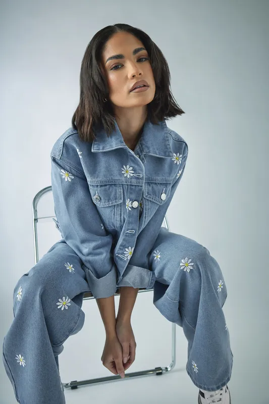 Petite Daisy Embroidered Denim Jacket - PixieGirl