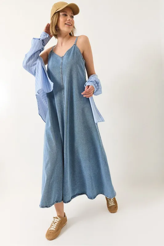 Maxi V-Neck Denim Dress with Button Closure