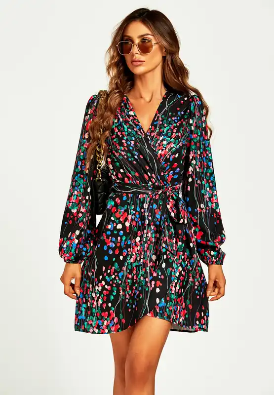 Abstract Floral Print Wrap Mini Dress In Black - FS Collection
