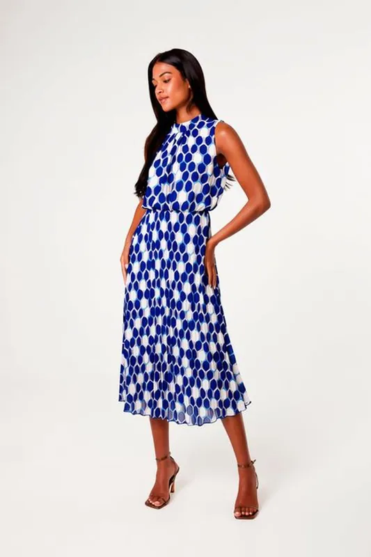 Navy High Neck Geometric Print Pleated Dress - Blue Vanilla