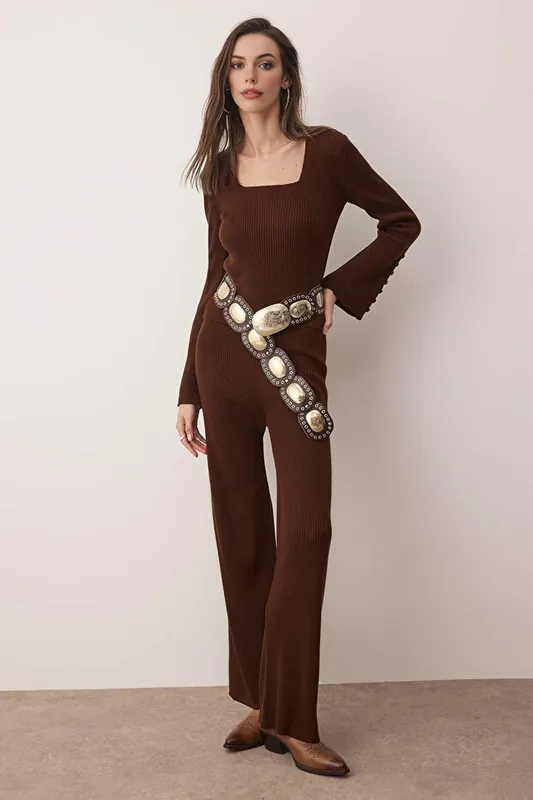 2-Piece Square Neck Ribbed Knit Top and Flared Bottom Set
