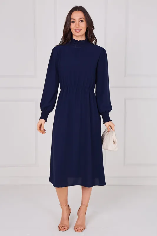 Navy Shirred High Neck Midaxi Dress - Love Sunshine
