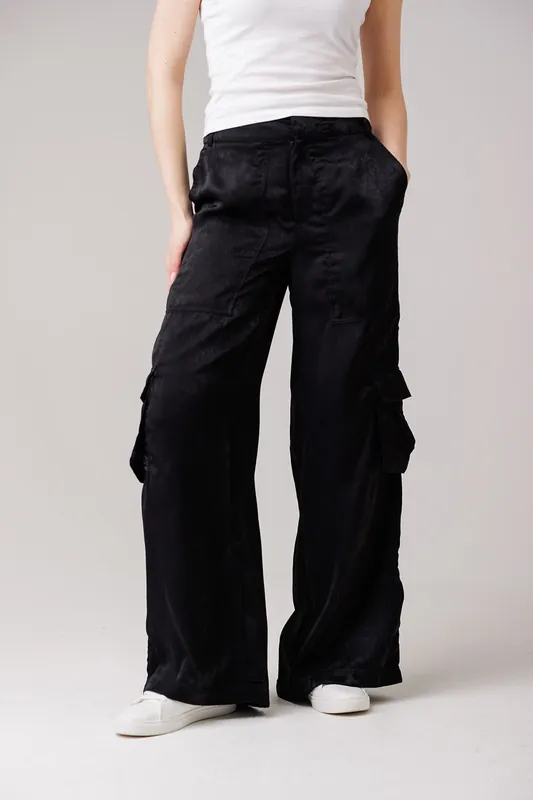 Satin-Style Wide Leg Cargo Trousers