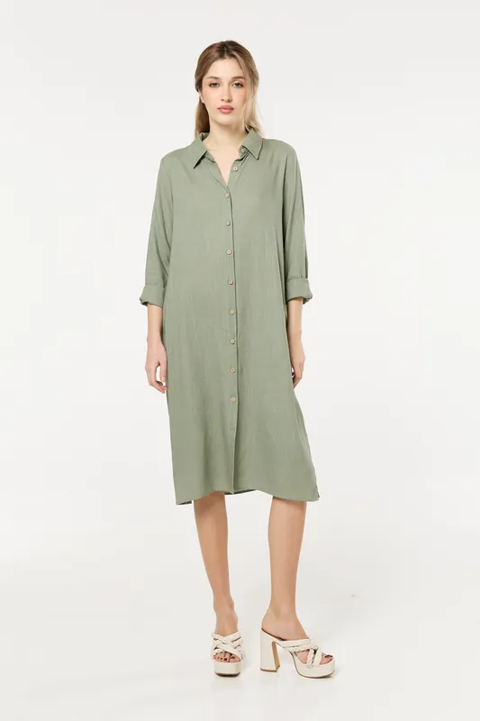 Khaki Linen Blend Midi Dress - Liquorish