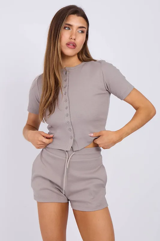 Ribbed Button-Through Short Sleeve Top and Shorts Co-ord