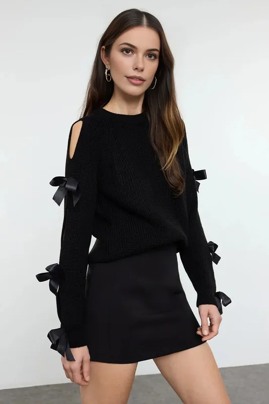 Bow Detail Cut Out Sleeve Knitted Sweater - WOVCOR
