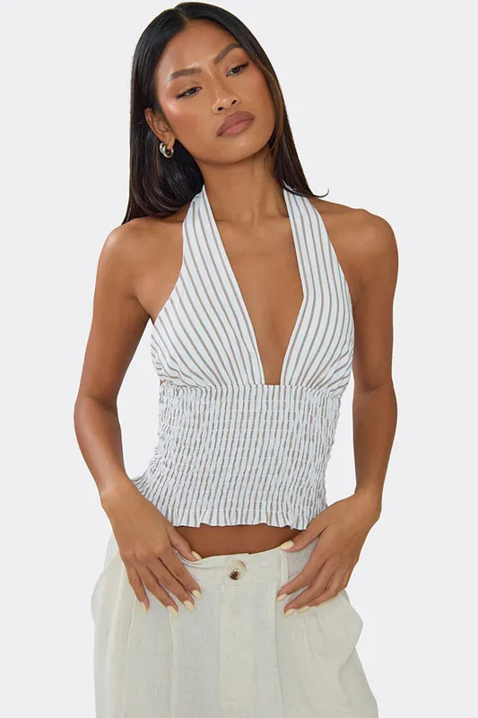 Sleeveless Halter Neck Pinstripe Top - EGO