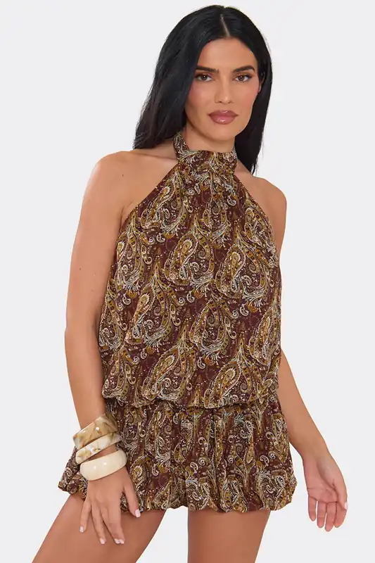 Sleeveless High Neck Paisley Playsuit - EGO