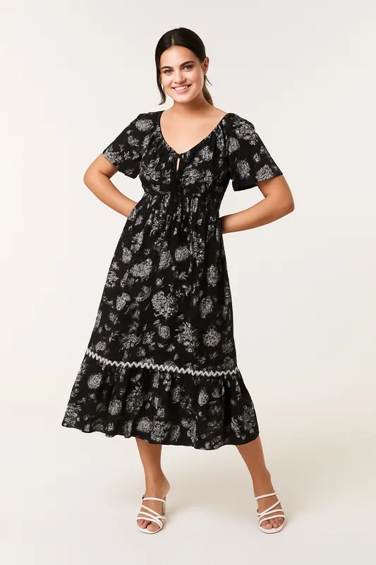 Patterned Wrap Front Pleated Maxi Dress - Blue Vanilla