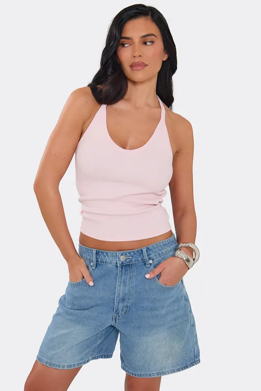 Strappy Halter Neck Ribbed Vest - EGO