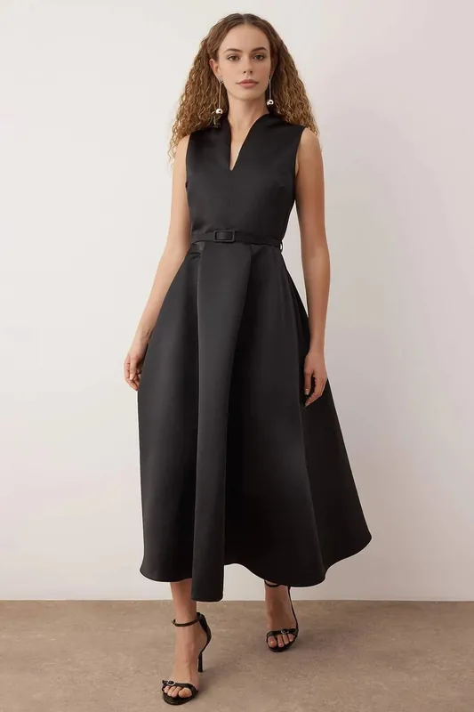Belted V Neck Satin Maxi Evening Dress - WOVCOR
