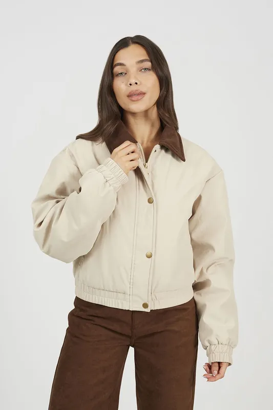 Twill Bomber Style Jacket with Cord Collar - Brave Soul