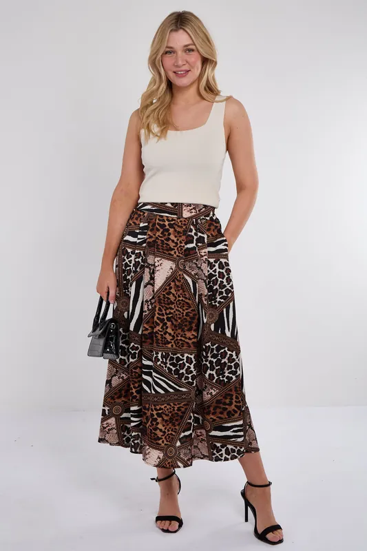 Mixed Leopard Print Satin Pleated Maxi Skirt - Love Sunshine