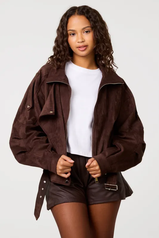 Brown Faux Suede Oversized Jacket - Pink Vanilla