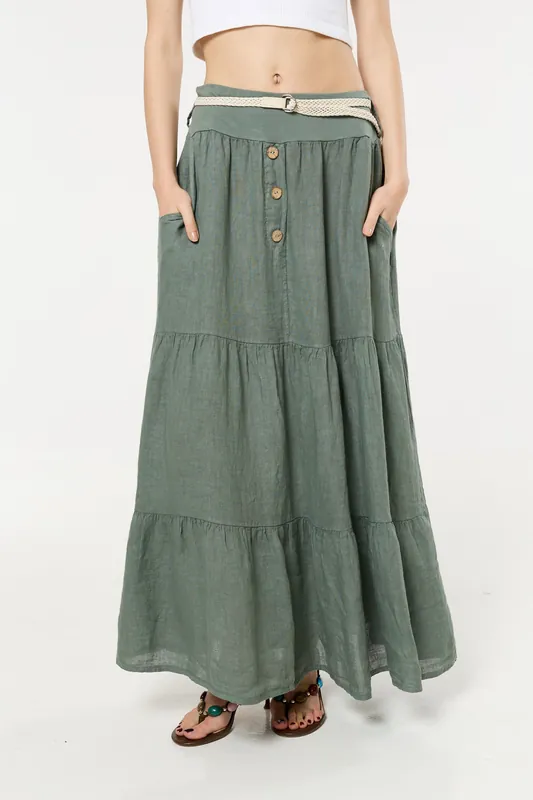 Green Linen Tiered Maxi Skirt With Belt - Liquorish