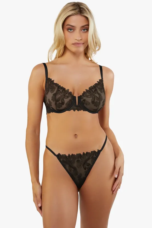 Eva Black Graphic Embroidered Balconette Bra - Wolf & Whistle