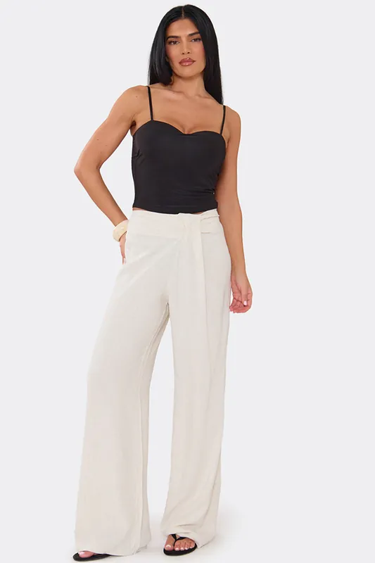 Wide Leg Drape Front Linen Mid Rise Trousers - EGO