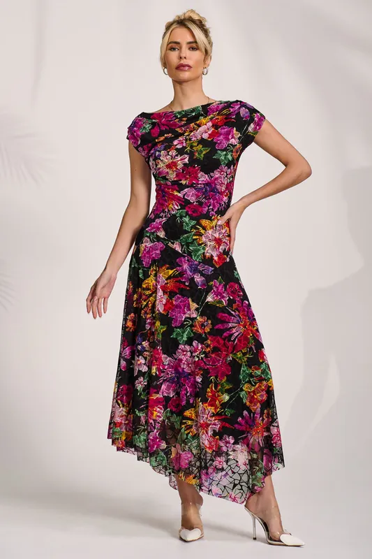Asymmetric Draped Print Lace Maxi Dress - Jolie Moi