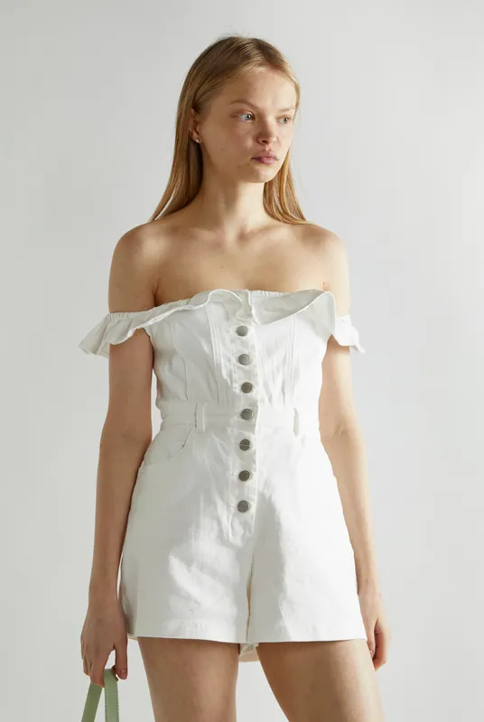 Off White Off the Shoulder Denim Playsuit - Shnoo