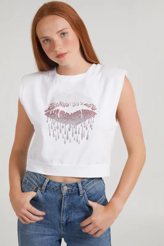 White Diamante Lips Sleeveless Top - Pink Vanilla