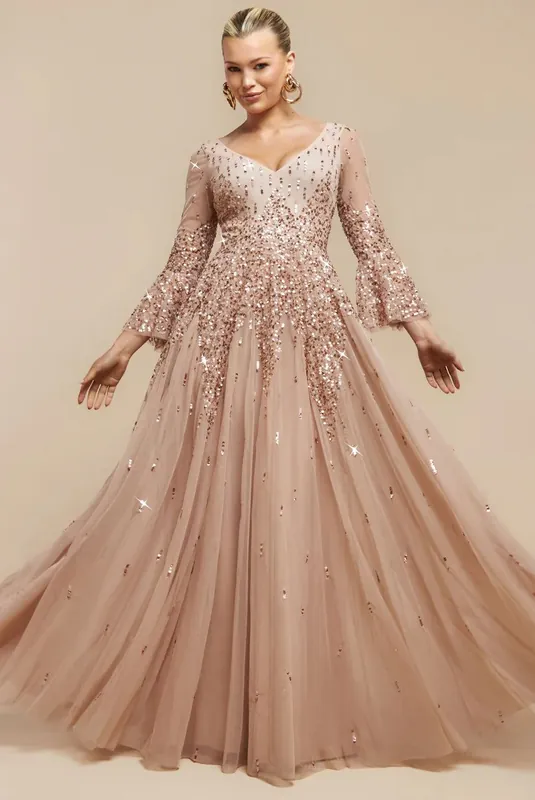 Sunray Sequin A Line Bell Sleeve Maxi Dress - Goddiva