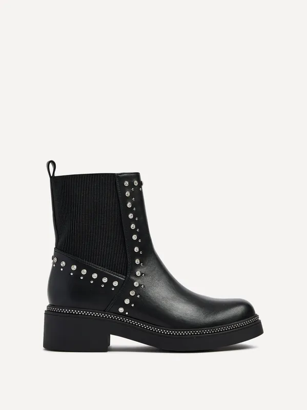 Optic Black Faux Leather Diamante Embellished Chelsea Boot - Linzi