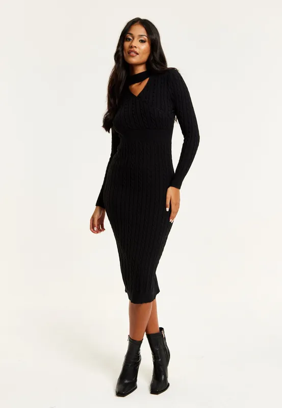 Cut Out Front Cable Knit Midi Dress In Black - Liquorish