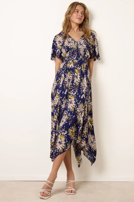 Navy Shirred Waist Hanky Hem Dress - Blue Vanilla