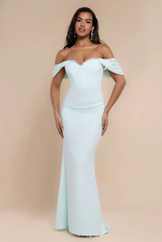 Off The Shoulder Draped Sleeve Maxi Dress With Diamante Neckline - Goddiva