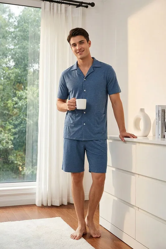 Solid Short Sleeve Button-up Loungewear Set