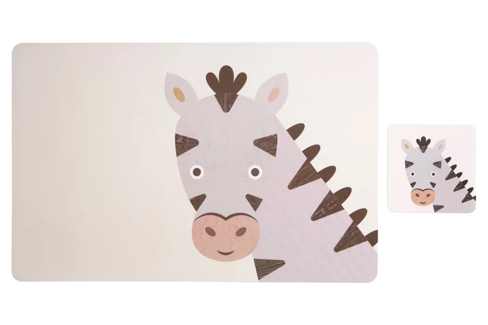 Set Of Two Zebra Placemats And Coasters, Safari-Themed Tableware For Kids, Heat Resistant Plastic Mats