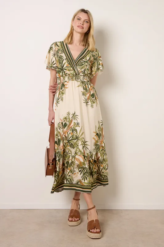Green Tropical Print Wrap Front Dress - Blue Vanilla