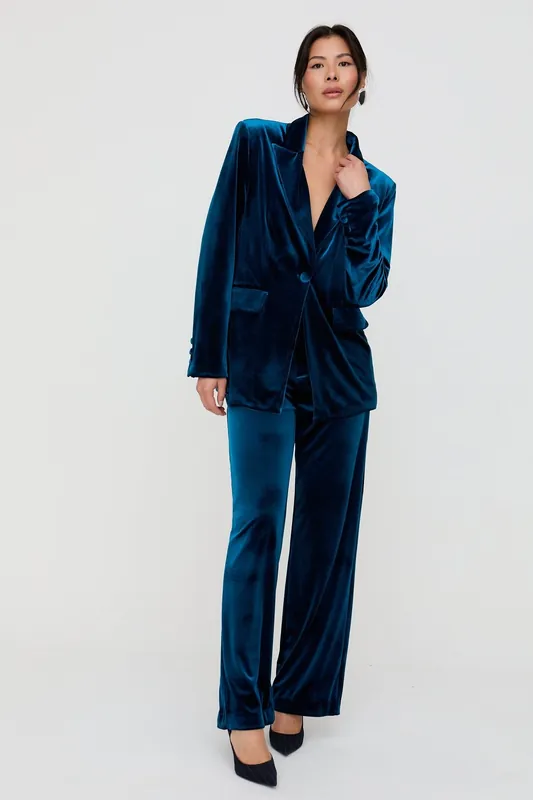 Valerie Straight Leg Velvet Trouser In Teal - Lily and Lionel
