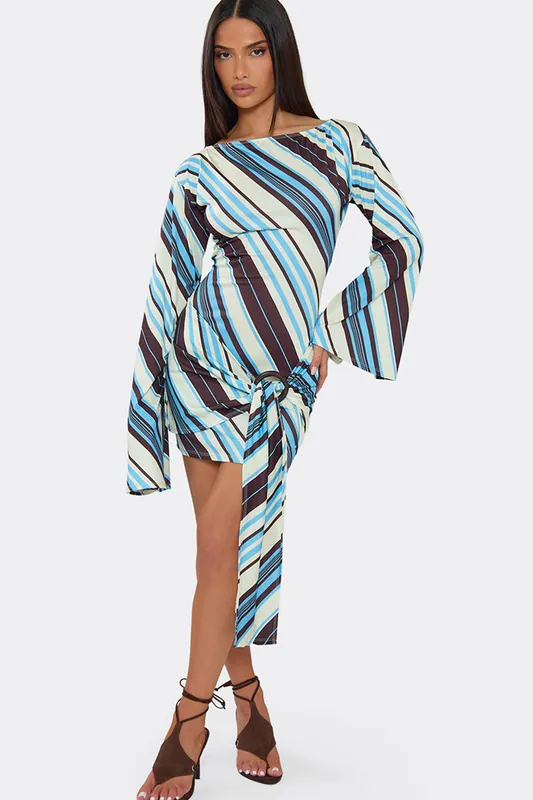 Long Sleeve Drape Striped Mini Dress - EGO