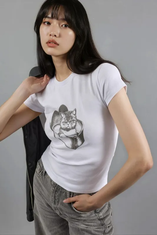 Printed Fitted Crew Neck Knitted Crop Top - Busem